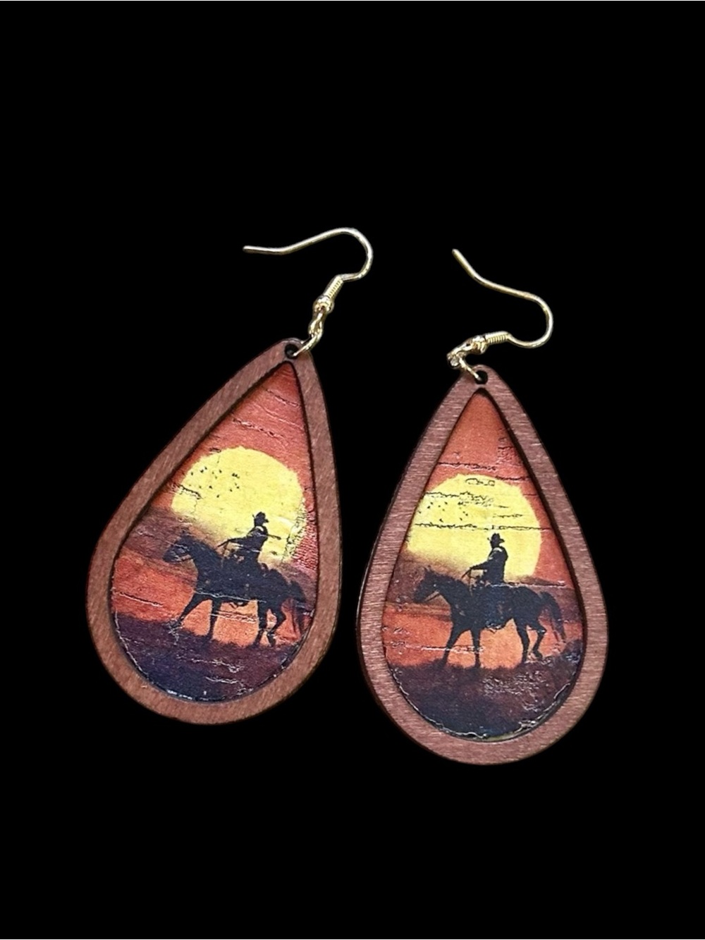 Western Sunset Teardrop Wooden Earrings - Brown and Yellow